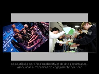 competições em times coloborativos de alta performance, 
associadas a mecânicas de engajamento contínuo!

 