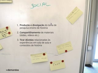 1.	 Produção e divulgação do tema de
pesquisa ensino de história
2.	 Compartilhamento de materiais
(slides, vídeos etc.)
3.	 Tirar dúvidas relacionadas às
experiências em sala de aula e
conteúdos de história

»demandas
»

 