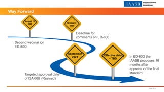 Page 36 |
October 2,
2020
Deadline for
comments on ED-600
September
2021 In ED-600 the
IAASB proposes 18
months after
approval of the final
standardTargeted approval date
of ISA 600 (Revised)
Effective date
– TBD
Second webinar on
ED-600
August 13
2020
Way Forward
 