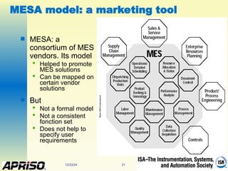 12/23/24 21
MESA model: a marketing tool
 MESA: a
consortium of MES
vendors. Its model

Helped to promote
MES solutions

Can be mapped on
certain vendor
solutions
 But

Not a formal model

Not a consistent
fonction set

Does not help to
specify user
requirements
 