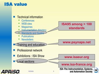 12/23/24 5
ISA95 among > 100
standards
www.psynaps.net
www.isa-france.org
www.isaeur.org
ISA value
 Technical information

Conferences

WEB sites

Magazines

Instrumentation directory

Standards and Guides

Publications

Newsletters
 Training and education
 Professional network
 Exhibitions : ISA Show
 Local sections
 