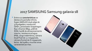 2017 SAMSIUNG Samsung galaxia s8
• Entre sus características se
destaca la pantalla Infinity
Super AMOLED dual-edge de
5.8 pulgadas y resolución
QHD+, procesador Snapdragon
835 o Exynos 8895, 4GB de
RAM, 64GB de almacenamiento
interno, resistencia al agua
IP68, carga inalámbrica, cámara
Dual Pixel de 12 megapixels,
cámara frontal de 8 megapixels,
lector de huella y muchas otras
caracteristiCas mas.
 