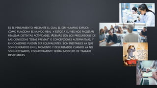 ES EL PENSAMIENTO MEDIANTE EL CUAL EL SER HUMANO EXPLICA
COMO FUNCIONA EL MUNDO REAL Y ESTOS A SU VES NOS FACILITAN
REALIZAR DISTINTAS ACTIVIDADES. ADEMÁS SON LOS PRECURSORES DE
LAS CONOCIDAS “IDEAS PREVIAS” O CONCEPCIONES ALTERNATIVAS, Y
EN OCASIONES PUEDEN SER EQUIVALENTES. SON INESTABLES YA QUE
SON GENERADOS EN EL MOMENTO Y DESCARTADOS CUANDO YA NO
SON NECESARIOS, COGNITIVAMENTE SERÍAN MODELOS DE TRABAJO
DESECHABLES.
 
