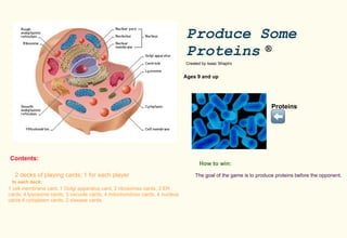 Produce Some
Proteins ®
Created by Isaac Shapiro

Ages 9 and up

Proteins

⬅️
Contents:
2 decks of playing cards; 1 for each player
In each deck:

1 cell membrane card, 1 Golgi apparatus card, 2 ribosomes cards, 2 ER
cards, 4 lysosome cards, 3 vacuole cards, 4 mitochondrion cards, 4 nucleus
cards 6 cytoplasm cards. 2 disease cards.

How to win:
The goal of the game is to produce proteins before the opponent.

 