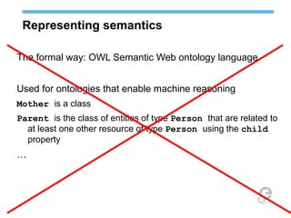 Representing semantics
The formal way: OWL Semantic Web ontology language
Used for ontologies that enable machine reasoning
Mother is a class
Parent is the class of entities of type Person that are related to
at least one other resource of type Person using the child
property
…
 