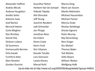 Up-to-date list at http://www.w3.org/2000/09/dbwg/details?group=44833 