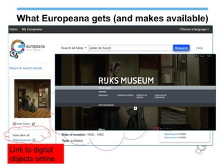 What Europeana gets (and makes available)
Descriptive
metadata
Link to digital
objects online
 