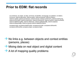 Prior to EDM: flat records
dc:contributor, dc:creator, dc:date, dc:format, dc:identifier, dc:language, dc:publisher, dc:relation,
dc:source, dcterms:alternative, dcterms:extent, dcterms:temporal, dcterms:medium,
dcterms:created, dcterms:provenance, dcterms:issued, dcterms:conformsTo, dcterms:hasFormat,
dcterms:isFormatOf, dcterms:hasVersion, dcterms:isVersionOf, dcterms:hasPart, dcterms:isPartOf,
dcterms:isReferencedBy, dcterms:references, dcterms:isReplacedBy, dcterms:replaces
dcterms:isRequiredBy, dcterms:requires dcterms:tableOfContents
europeana:type, europeana:dataProvider, europeana:provider, europeana:isShownAt,
europeana:isShownBy, europeana:object, europeana:rights
 No links e.g. between objects and context entities
(persons, places)
 Mixing data on real object and digital content
 A lot of mapping quality problems
 