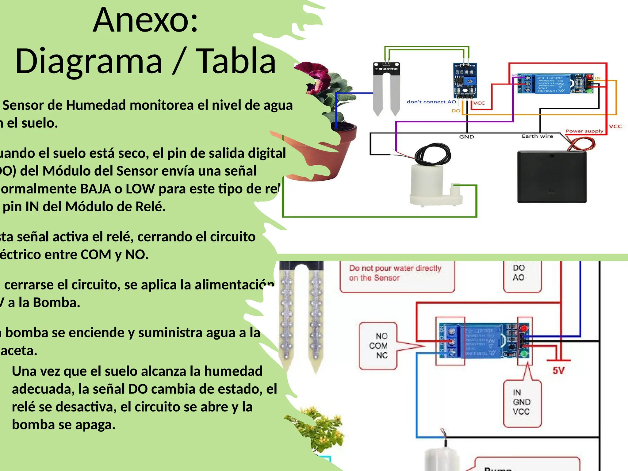 Anexo:
Diagrama / Tabla
Sensor de Humedad monitorea el nivel de agua
n el suelo.
uando el suelo está seco, el pin de salida digital
DO) del Módulo del Sensor envía una señal
normalmente BAJA o LOW para este tipo de relé)
pin IN del Módulo de Relé.
sta señal activa el relé, cerrando el circuito
éctrico entre COM y NO.
l cerrarse el circuito, se aplica la alimentación de
V a la Bomba.
a bomba se enciende y suministra agua a la
maceta.
Una vez que el suelo alcanza la humedad
adecuada, la señal DO cambia de estado, el
relé se desactiva, el circuito se abre y la
bomba se apaga.
 