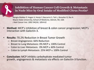 Inhibition of Human Cancer Cell Growth & Metastasis
          in Nude Mice by Oral Intake of Modified Citrus Pectin3

        Nangia-Makker P, Hogan V, Honjo Y, Baccarini S, Tait L, Bresalier R, Raz A
        Wayne State University, School of Medicine, Detroit, MI, USA
        J Natl Cancer Inst. 2002 94(24): 1854-62

• Method: MCP’s inhibition of breast & colon cancer progression; MCP’s
  interaction with Galectin-3.

• Results: 70.2% Reduction in Breast Tumor Growth
   –   Breast Angiogenesis: 66% Reduction
   –   Breast to Lung Metastasis: 0% MCP v. 100% Control
   –   Colon to Liver Metastasis: 0% MCP v. 60% Control
   –   Colon to Lymph Metastasis: 25% MCP v. 100% Control

• Conclusion: MCP inhibits carbohydrate mediated tumor
  growth, angiogenesis & metastasis via effects on Galectin-3 function.
 