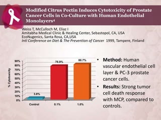 Modified Citrus Pectin Induces Cytotoxicity of Prostate
                         Cancer Cells in Co-Culture with Human Endothelial
                         Monolayers4
                       Weiss T, McCulloch M, Eliaz I
                       Amitabha Medical Clinic & Healing Center, Sebastopol, CA, USA
                       EcoNugenics, Santa Rosa, CA,USA
                       Intl Conference on Diet & The Prevention of Cancer 1999, Tampere, Finland




                 90%                      76.9%
                                                        80.7%      • Method: Human
                 80%
                                                                     vascular endothelial cell
% Cytotoxicity




                 70%
                 60%                                                 layer & PC-3 prostate
                 50%                                                 cancer cells.
                 40%
                 30%                                               • Results: Strong tumor
                 20%
                 10%
                              3.8%                                   cell death response
                 0%                                                  with MCP, compared to
                           Control        0.1%          1.0%
                                                                     controls.
 