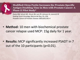 Modified Citrus Pectin Increases the Prostate-Specific
      Antigen Doubling Time in Men with Prostate Cancer: A
      Phase II Pilot Study6
      Guess BW, Scholz MC, Strum SB, Lam RY, Johnson HJ, Jennrich RI
      Healing Touch Oncology, Marina del Rey, CA, USA
      Prostate Cancer & Prostatic Disease 2003;6(4):301-4




• Method: 10 men with biochemical prostate
  cancer relapse used MCP: 15g daily for 1 year.

• Results: MCP significantly increased PSADT in 7
  out of the 10 participants (p<0.01).
 