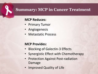 Summary: MCP in Cancer Treatment

   MCP Reduces:
   • Primary Tumor
   • Angiogenesis
   • Metastatic Process

   MCP Provides:
   • Blocking of Galectin-3 Effects
   • Synergistic Effect with Chemotherapy
   • Protection Against Post-radiation
     Damage
   • Improved Quality of Life
 
