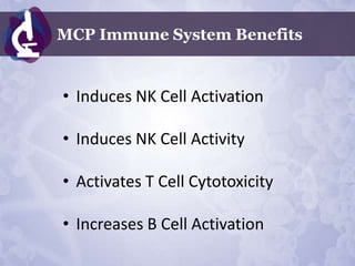 MCP Immune System Benefits


• Induces NK Cell Activation

• Induces NK Cell Activity

• Activates T Cell Cytotoxicity

• Increases B Cell Activation
 