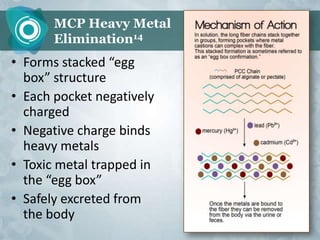 MCP Heavy Metal
       Elimination14
• Forms stacked “egg
  box” structure
• Each pocket negatively
  charged
• Negative charge binds
  heavy metals
• Toxic metal trapped in
  the “egg box”
• Safely excreted from
  the body
 