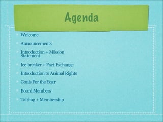 Agenda
Welcome
Announcements
Introduction + Mission
Statement
Ice breaker + Fact Exchange
Introduction to Animal Rights
Goals For the Year
Board Members
Tabling + Membership
 