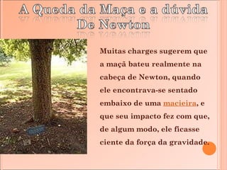 Muitas charges sugerem que a maçã bateu realmente na cabeça de Newton, quando ele encontrava-se sentado embaixo de uma  macieira , e que seu impacto fez com que, de algum modo, ele ficasse ciente da força da gravidade. 