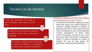 Terceira Lei de Newton
A toda ação corresponde uma reação de
mesma intensidade, mesma direção e sentido
oposto
As ações do homem possuem consequências
que podem se voltar contra o bem-estar da
humanidade
É necessário o estabelecimento de limites para
as atitudes dos indivíduos e a promoção da
consciência sobre o impacto de suas decisões
Proposta de Redação do Enem 2013: Efeitos
da implantação da Lei Seca no Brasil
• A terceira lei de Newton sugere que, para
toda ação, existe uma reação. Quando o
assunto é bebida alcoólica e direção, a
aplicação da Física é muito mais que uma
triste constatação, já que muitas pessoas
morrem diariamente no Brasil. Para
reverter tal quadro, o governo criou a Lei
Seca para inibir essa terrível combinação.
Porém, é preciso entender os limites e
desafios de uma lei que, apesar de
pertinente, ainda encontra obstáculos.
 