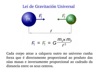Cada  corpo  atrae  a  calquera  outro  no  universo  cunha 
forza  que  é  directamente  proporcional  ao  produto  das 
súas masas e inversamente proporcional ao cadrado da 
distancia entre os seus centros.
 