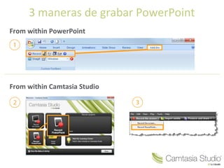 3 maneras de grabar PowerPoint From within PowerPoint From within Camtasia Studio 