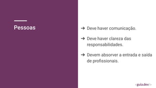 Pessoas ➔ Deve haver comunicação.
➔ Deve haver clareza das
responsabilidades.
➔ Devem absorver a entrada e saída
de proﬁssionais.
 