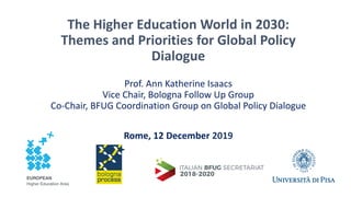 The Higher Education World in 2030:
Themes and Priorities for Global Policy
Dialogue
Prof. Ann Katherine Isaacs
Vice Chair, Bologna Follow Up Group
Co-Chair, BFUG Coordination Group on Global Policy Dialogue
Rome, 12 December 2019
 