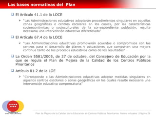 Las bases normativas del Plan

  El Artículo 41.1 de la LOCE
      “Las Administraciones educativas adoptarán procedimientos singulares en aquellas
       zonas geográficas o centros escolares en los cuales, por las características
       socioeconómicas o socioculturales de la correspondiente población, resulte
       necesaria una intervención educativa diferenciada”

  El Artículo 67.4 de la LOCE
      “Las Administraciones educativas promoverán acuerdos o compromisos con los
       centros para el desarrollo de planes y actuaciones que comporten una mejora
       continua tanto de los procesos educativos como de los resultados”

  La Orden 5581/2005, de 27 de octubre, del Consejero de Educación por la
   que se regula el Plan de Mejora de la Calidad de los Centros Públicos
   Prioritarios
  Artículo 81.2 de la LOE
      “Corresponde a las Administraciones educativas adoptar medidas singulares en
       aquellos centros escolares o zonas geográficas en los cuales resulte necesaria una
       intervención educativa compensatoria”




               Plan de Mejora de la Calidad de la Educación en Centros Públicos Prioritarios. Redes virtuales | Página 24
 