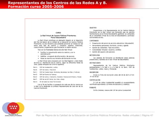 Representantes de los Centros de las Redes A y B.
Formación curso 2005-2006




             Plan de Mejora de la Calidad de la Educación en Centros Públicos Prioritarios. Redes virtuales | Página 47
 