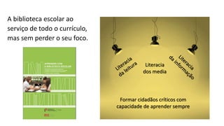 A biblioteca escolar ao
serviço de todo o currículo,
mas sem perder o seu foco.
Literacia
dos media
Formar cidadãos críticos com
capacidade de aprender sempre
 
