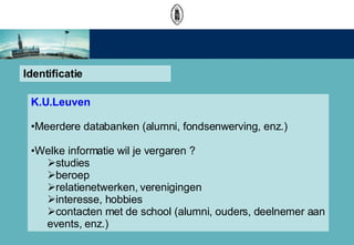 Identificatie K.U.Leuven Meerdere databanken (alumni, fondsenwerving, enz.)  Welke informatie wil je vergaren ?  studies beroep relatienetwerken, verenigingen interesse, hobbies contacten met de school (alumni, ouders, deelnemer aan events, enz.) 