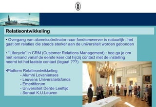 Relatieontwikkeling Overgang van alumnico?rdinator naar fondsenwerver is natuurlijk : het gaat om relaties die steeds sterker aan de universiteit worden gebonden   Lifecycle in CRM (Customer Relations Management) : hoe ga je om met iemand vanaf de eerste keer dat hij/zij contact met de instelling neemt tot het laatste contact (legaat ???) Platform Relatieontwikkeling - Alumni Lovanienses - Leuvens Universiteitsfonds - Emeritiforum - Universiteit Derde Leeftijd - Senaat K.U.Leuven 