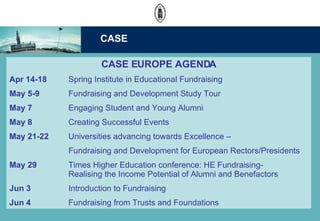 CASE EUROPE AGENDA Apr 14-18  Spring Institute in Educational Fundraising   May 5-9  Fundraising and Development Study Tour   May 7  Engaging Student and Young Alumni   May 8  Creating Successful Events   May 21-22  Universities advancing towards Excellence C   Fundraising and Development for European Rectors/Presidents   May 29  Times Higher Education conference: HE Fundraising-  Realising the Income Potential of Alumni and Benefactors   Jun 3  Introduction to Fundraising   Jun 4  Fundraising from Trusts and Foundations   CASE 