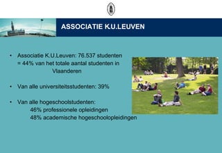 Associatie K.U.Leuven: 76.537 studenten = 44% van het totale aantal studenten in   Vlaanderen Van alle universiteitsstudenten: 39% Van alle hogeschoolstudenten:  46% professionele opleidingen 48% academische hogeschoolopleidingen ASSOCIATIE K.U.LEUVEN 