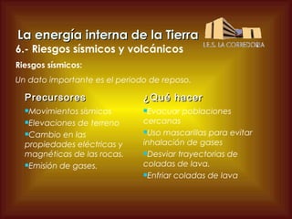 La energía interna de la Tierra

6.- Riesgos sísmicos y volcánicos
Riesgos sísmicos:

Un dato importante es el periodo de reposo.

Precursores

¿Qué hacer

Movimientos

Evacuar

sísmicos
Elevaciones de terreno
Cambio en las
propiedades eléctricas y
magnéticas de las rocas.
Emisión de gases.

poblaciones

cercanas
Uso mascarillas para evitar
inhalación de gases
Desviar trayectorias de
coladas de lava.
Enfriar coladas de lava

 
