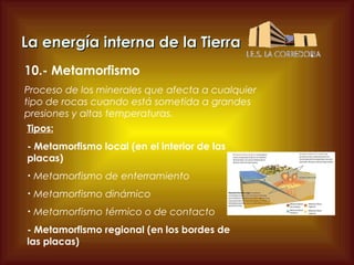 La energía interna de la Tierra
10.- Metamorfismo
Proceso de los minerales que afecta a cualquier
tipo de rocas cuando está sometida a grandes
presiones y altas temperaturas.
Tipos:
- Metamorfismo local (en el interior de las
placas)
•

Metamorfismo de enterramiento

•

Metamorfismo dinámico

•

Metamorfismo térmico o de contacto

- Metamorfismo regional (en los bordes de
las placas)

 