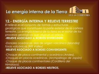 La energía interna de la Tierra
12.- ENERGÍA INTERNA Y RELIEVE TERRESTRE
El relieve es el conjunto de formas y estructuras
geológicas que constituyen la parte exterior de la corteza
terrestre. La energía interna de la tierra es el motor de los
procesos geológicos que originan el relieve.
-RELIEVE ASOCIADO A BORDES DIVERGENTE:
-Dorsales oceánicas, islas de origen volcánico (Islandia)
fosas volcánicas (Rift Valley)
-RELIEVE ASOCIADO A BORDES CONVERGENTE:
-Choque de placa continental y oceánica (Andes).
-Choques en placas oceánicas. (Archipiélago de Japón)
-Choque de placas continentales (Cordillera del
Himalaya).
-RELIEVE ASOCIADO A BORDES NEUTROS.

 