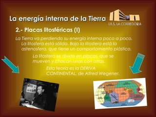 La energía interna de la Tierra
2.- Placas litosféricas (I)
La Tierra va perdiendo su energía interna poco a poco.
La litosfera está sólida. Bajo la litosfera está la
astenosfera, que tiene un comportamiento plástico.
La litosfera se divide en placas, que se
mueven y chocan unas con otras.
Esta teoría es la DERIVA
CONTINENTAL, de Alfred Wegener.

 