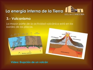 La energía interna de la Tierra
3.- Vulcanismo
La mayor parte de la actividad volcánica está en los
bordes de las placas.

Vídeo: Erupción de un volcán

 