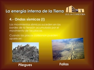 La energía interna de la Tierra
4.- Ondas sísmicas (I)
Los movimientos sísmicos suceden en los
bordes de la tensión acumulada por el
movimiento de las placas.
Cuando las placas colisionan pueden
aparecer:

Pliegues

Fallas

 