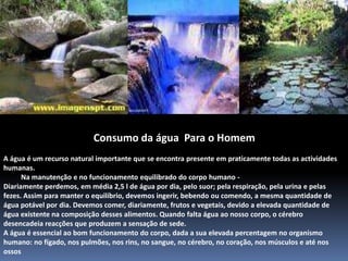 Consumo da água  Para o Homem A água é um recurso natural importante que se encontra presente em praticamente todas as actividades humanas.Na manutenção e no funcionamento equilibrado do corpo humano -Diariamente perdemos, em média 2,5 l de água por dia, pelo suor; pela respiração, pela urina e pelas fezes. Assim para manter o equilíbrio, devemos ingerir, bebendo ou comendo, a mesma quantidade de água potável por dia. Devemos comer, diariamente, frutos e vegetais, devido a elevada quantidade de água existente na composição desses alimentos. Quando falta água ao nosso corpo, o cérebro desencadeia reacções que produzem a sensação de sede. A água é essencial ao bom funcionamento do corpo, dada a sua elevada percentagem no organismo humano: no fígado, nos pulmões, nos rins, no sangue, no cérebro, no coração, nos músculos e até nos ossos 
