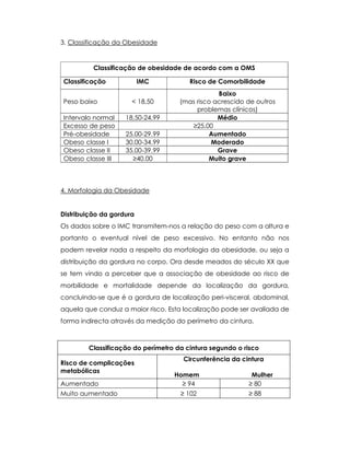 3. Classificação da Obesidade
Classificação de obesidade de acordo com a OMS
Classificação IMC Risco de Comorbilidade
Peso baixo < 18,50
Baixo
(mas risco acrescido de outros
problemas clínicos)
Intervalo normal 18,50-24,99 Médio
Excesso de peso ≥25.00
Pré-obesidade 25.00-29.99 Aumentado
Obeso classe I 30.00-34.99 Moderado
Obeso classe II 35.00-39.99 Grave
Obeso classe III ≥40.00 Muito grave
4. Morfologia da Obesidade
Distribuição da gordura
Os dados sobre o IMC transmitem-nos a relação do peso com a altura e
portanto o eventual nível de peso excessivo. No entanto não nos
podem revelar nada a respeito da morfologia da obesidade, ou seja a
distribuição da gordura no corpo. Ora desde meados do século XX que
se tem vindo a perceber que a associação de obesidade ao risco de
morbilidade e mortalidade depende da localização da gordura,
concluindo-se que é a gordura de localização peri-visceral, abdominal,
aquela que conduz a maior risco. Esta localização pode ser avaliada de
forma indirecta através da medição do perímetro da cintura.
Classificação do perímetro da cintura segundo o risco
Risco de complicações
metabólicas
Circunferência da cintura
Homem Mulher
Aumentado ≥ 94 ≥ 80
Muito aumentado ≥ 102 ≥ 88
 
