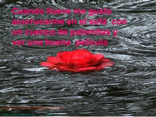 Cuando llueve me gusta acurrucarme en el sofá  con un cuenco de palomitas y ver una buena  película http://farm4.static.flickr.com/3273/2498226552_b4eceacf13_m.jpg   Creative   Commons   Attribution  2.5  License  by  Peter   Shanks   