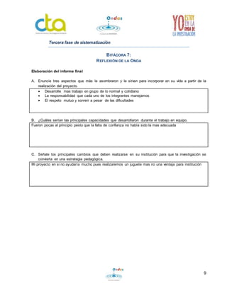 9 
Tercera fase de sistematización 
BITÁCORA 7: 
REFLEXIÓN DE LA ONDA 
Elaboración del informe final 
A. Enuncie tres aspectos que más le asombraron y le sirvan para incorporar en su vida a partir de la 
realización del proyecto. 
 Desarrolle mas trabajo en grupo de lo normal y cotidiano 
 La responsabilidad que cada uno de los integrantes manejamos 
 El respeto mutuo y sonreír a pesar de las dificultades 
B. ¿Cuáles serían las principales capacidades que desarrollaron durante el trabajo en equipo. 
Fueron pocas al principio pesto que la falta de confianza no había sido la mas adecuada 
C. Señale los principales cambios que deben realizarse en su institución para que la investigación se 
convierta en una estrategia pedagógica. 
Mi proyecto en si no ayudaría mucho pues realizaremos un juguete mas no una ventaja para institución 
 