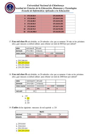Universidad Nacional de Chimborazo
Facultad de Ciencias de la Educación, Humanas y Tecnologías
Escuela de Informática Aplicada a la Educación
5 172.18.32.0 172.18.39.255
6 172.18.40.0 172.18.47.255
7 172.18.48.0 172.18.55.255
8 172.18.56.0 172.18.63.255
9 172.18.64.0 172.18.71.255
10 172.18.72.0 172.18.79.255
32 172.18.248.0 172.18.255.255
17. Una red clase B será dividida en 20 subredes a las que se sumaran 30 más en los próximos
años ¿qué mascara se deberá utilizar para obtener un total de 800 host por subred?
dato redclase B 50 subr
formula 2^n>=50-> n=6unos
masc.nueva 111111111 111111111 111111000 000000000
255. 255. 252. 0
a. 255.248.0.0
b. 255.255.252.0
c. 255.255.224.0
d. 255.255.248.0
18. Una red clase B será dividida en 20 subredes a las que se sumaran 4 más en los próximos
años ¿qué mascara se deberá utilizar para obtener un total de 2000 host por subred?
dato redclase B 24 subr
formula 2^n>=24-> n=5unos
masc.nueva 111111111 111111111 111110000 000000000
255. 255. 248. 0
not.cort 21
a. /19
b. /21
c. /22
d. /24
19. Cuáles de las siguientes mascaras de red equivale a: /24
Red C
decimal 255. 255. 255. 0
binario 11111111 111111111 111111111 00000000
a. 255.0.0.0
b. 224.0.0.0
c. 255.255.0.0
d. 255.255.255.0
 