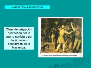 LA REACCIÓN PROGRESISTA Clima de crispación provocado por la guerra carlista y por la situación desastrosa de la Hacienda. 