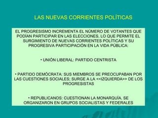 LAS NUEVAS CORRIENTES POLÍTICAS EL PROGRESISMO INCREMENTA EL NÚMERO DE VOTANTES QUE PODÍAN PARTICIPAR EN LAS ELECCIONES, LO QUE PERMITE EL SURGIMIENTO DE NUEVAS CORRIENTES POLÍTICAS Y SU PROGRESIVA PARTICIPACIÓN EN LA VIDA PÚBLICA: UNIÓN LIBERAL: PARTIDO CENTRISTA PARTIDO DEMÓCRATA: SUS MIEMBROS SE PREOCUPABAN POR LAS CUESTIONES SOCIALES; SURGE A LA <<IZQUIERDA>> DE LOS PROGRESISTAS REPUBLICANOS: CUESTIONAN LA MONARQUÍA. SE ORGANIZARON EN GRUPOS SOCIALISTAS Y FEDERALES 