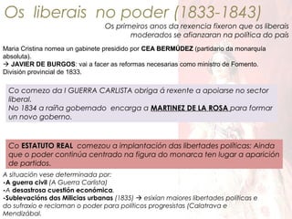 Os liberais no poder (1833-1843)
Os primeiros anos da rexencia fixeron que os liberais
moderados se afianzaran na política do país
Maria Cristina nomea un gabinete presidido por CEA BERMÚDEZ (partidario da monarquía
absoluta).
 JAVIER DE BURGOS: vai a facer as reformas necesarias como ministro de Fomento.
División provincial de 1833.

Co comezo da I GUERRA CARLISTA obriga á rexente a apoiarse no sector
liberal.
No 1834 a raíña gobernado encarga a MARTINEZ DE LA ROSA para formar
un novo goberno.

Co ESTATUTO REAL comezou a implantación das libertades políticas: Ainda
que o poder continúa centrado na figura do monarca ten lugar a aparición
de partidos.
A situación vese determinada por:
-A guerra civil (A Guerra Carlista)
-A desastrosa cuestión económica.
-Sublevacións das Milicias urbanas (1835)  esixían maiores libertades políticas e
do sufraxio e reclaman o poder para políticos progresistas (Calatrava e
Mendizábal.

 