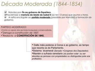 Década Moderada (1844-1854)
 Narváez pon fin ao goberno de Espartero.
Proclámase a marioría de idade de Isabel II (só ten 13 anos) que asume o trono.
 A raíña encárgalle ao partido moderado (presidido por Narváez) a formación do
goberno.

PARTIDO MODERADO:
-Conta co apoio dos sectores burgueses conservadores .

Deroga a constitución de 1837.
Redacta a CONSTITUCIÓN DE 1845.

 Dalle máis poderes á Coroa e ao goberno, ao tempo
que recorta os do Parlamento.
Sistema bicameral (Senado +Congreso dos Deputados)
Mantén o sufraxio censitario (só podían votar ou ser
elexidas as persoas con propiedades ou distinguidas pola súa
profesión).

 