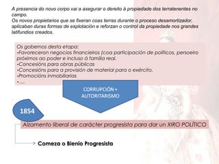 A presencia do novo corpo vai a asegurar o dereito á propiedade dos terratenentes no
campo.
Os novos propietarios que se fixeran coas terras durante o proceso desamortizador,
aplicaban duras formas de explotación e reforzan o control da propiedade nos grandes
latifundios creados.
Os gobernos desta etapa:
-Favoreceron negocios financieiros (coa participación de políticos, persoeiro
próximos ao poder e incluso á familia real.
-Concesións para obras públicas
-Concesións para a provisión de material para o exército.
-Promocións inmobiliarias
-….

1854
Alzamento liberal de carácter progresista para dar un XIRO POLÍTICO
Comeza o Bienio Progresista

 