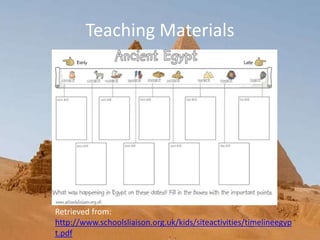 Teaching Materials
Retrieved from:
http://www.schoolsliaison.org.uk/kids/siteactivities/timelineegyp
t.pdf
 